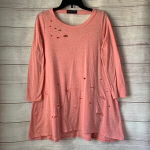 Miracle Berry Heathered Coral Pink Tunic Top Distressed Holes and Back Cutout